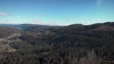 Çam ağaçları ormanı ve mavi gölü olan güzel sonbahar dağ manzarası. Göl ve dağ sırasının havadan görünüşü. Yeşil çam ağacı ormanıyla muhteşem sonbahar manzarası