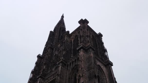 フランスのストラスブールにあるノートルダム大聖堂は 灰色の曇り空に対して ベースから旧市街の小柄なフランスのノートルダム大聖堂の塔に 歴史的なゴシック様式の教会 ヨーロッパで人気の旅行先 — ストック動画
