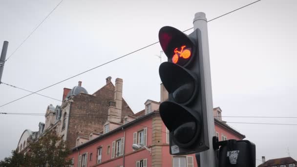 市内の自転車の信号 自転車の信号機は緑に変わります 交差点の自転車のための緑の光に赤い信号スイッチ 自転車の交通信号が赤から緑に変わります — ストック動画