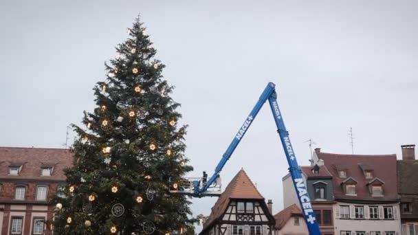 Stadtarbeiter Beim Aufstellen Des Weihnachtsbaums Auf Dem Stadtplatz Straßburg Frankreich — Stockvideo