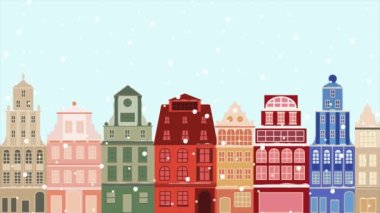 Noel arkaplanı, yağan kar, renkli evler, animasyonlar. Kış boyunca şehir. Karla kaplı renkli binalar. İskandinav evleri ve düşen karlı Noel arkaplanı