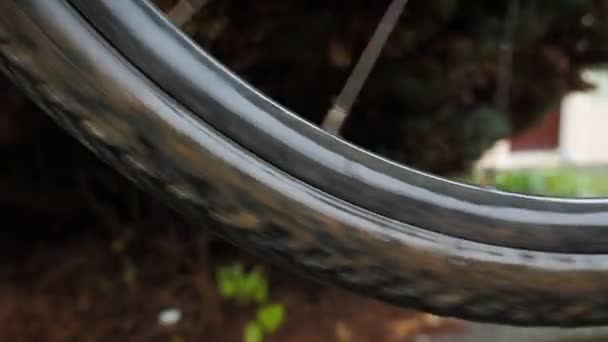 Tvätta Smutsiga Cykelhjul Med Svamp Och Vatten Cykelmekaniker Städar Mountainbike — Stockvideo