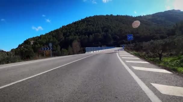 Speeding Bicycle New Empty Asphalt Road Green Mountains Valleys Pov — Stock videók