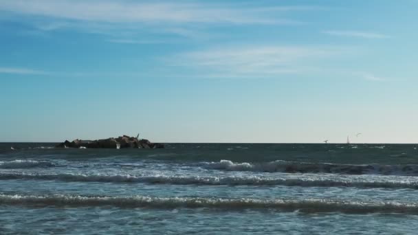 Люди Занимаются Виндсерфингом Огромных Морских Волнах Ветреный День Молодые Активные — стоковое видео
