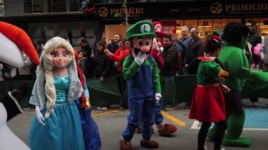 Disney characters parade. Super Mario, Frozen, Shrek toys. Calpe, 07.01.2023. Parade of Disney World characters on Christmas in Spain