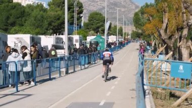 World Cup Championship Cyclocross race, Benidorm, Spain, 22.01.23. Professional cyclocross cyclists participating in bike competition. Bike riders taking part in cycling race. Active sport concept