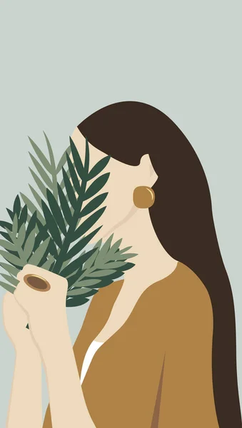 Fashion stylish woman holding flower leaves in hands. Young brunette female with long hair wearing stylish earrings and ring. Cartoon illustration. Fashion style