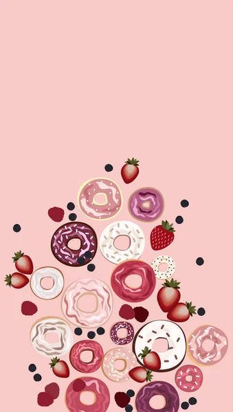 Donuts, vector illustration. Sweet sugar icing donuts. Donuts with white chocolate, strawberry, raspberry and chocolate, top view. Frosted sprinkled donuts