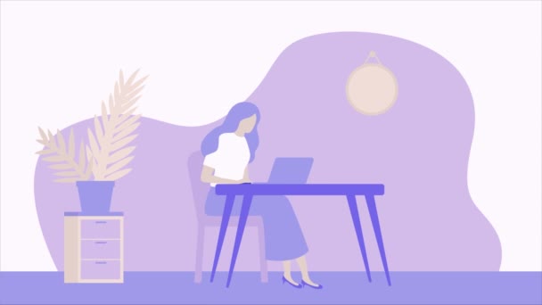 Masa Başında Dizüstü Bilgisayarda Çalışan Bir Kadın Çizgi Film Animasyonu — Stok video