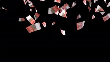 Para yağmuru. İsviçre frangı para banknotları düşüyor. CHF kağıt parası düşüyor. İsviçre para birimi. Finans ve iş. Animasyon. Alfa kanalı. 3 Boyutlu Hazırlama