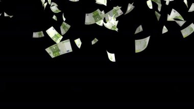 Para yağmuru. Kâğıt para banknotları düşüyor. Faturalar düşüyor. Avrupa Birliği 'nin para birimi. Finans ve iş. Animasyon. Alfa kanalı. 3 Boyutlu Hazırlama