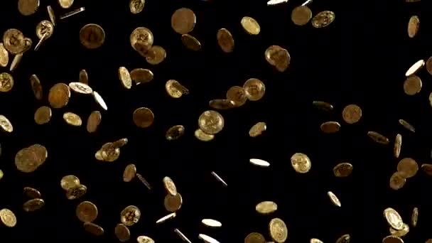 Bitcoin Regen Rotierende Goldene Btc Münzen Fallen Kryptowährung Bitcoin Blockchain — Stockvideo