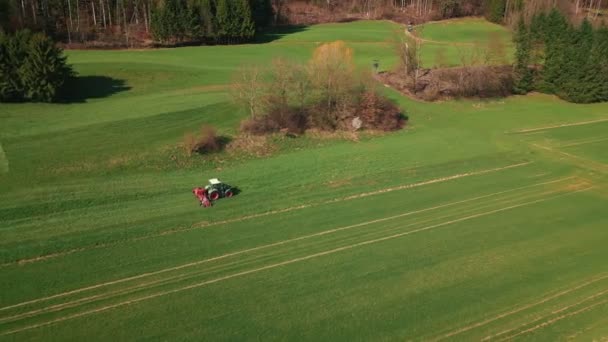 Traktör Büyük Yeşil Alanda Çalışıyor Tarım Makinesi Ilkbaharda Yeşil Tarla — Stok video