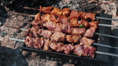 Şişte kebap pişiriyorum. Et ızgarada. Piknik ve barbekü zamanı. Kızarmış sulu kebap ızgarası. Dumanda kızartılan şişte leziz et. Kamp ateşinde kızarmış et.