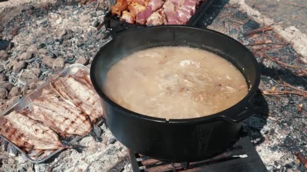 大锅配汤和火锅里的肉 野餐时间 烤肉起火燃烧 把它放在篝火上远足探险及旅游的概念 — 图库视频影像