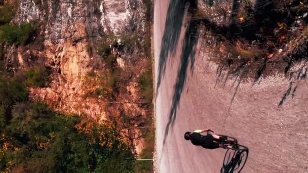 マウンテンキャニオンに沿って自転車で上り坂を登るサイクリスト 垂直ビデオ 絵のように美しい山の風景の中で上り坂のハードペダルを押すプロのロードバイクライダー サイクリングトレーニング ワークアウトアクティビティ — ストック動画