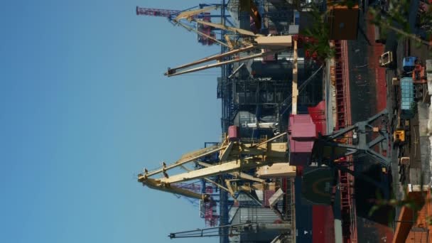 海运货物港口和集装箱码头 用起重机载货的船垂直录像 工业起重机和集装箱的运行时间 货物运输和物流概念 — 图库视频影像