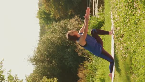 Mujer Estirándose Sobre Esterilla Yoga Parque Verde Atardecer Vídeo Vertical — Vídeo de stock