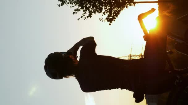 Vrouw Die Foto Maakt Smartphone Kijkend Naar Prachtige Zonsondergang Verticale — Stockvideo