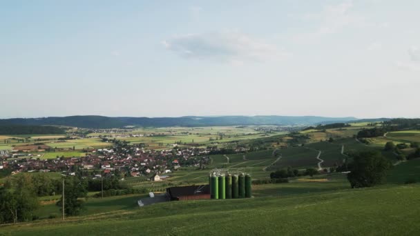 畑や牧草地に囲まれた小さな村の空想的な眺め 村のブドウ畑のプランテーションや家の上を飛ぶドローン — ストック動画