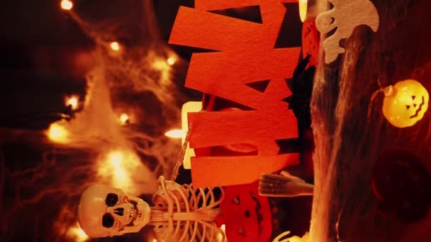 Halloween Koncept Halloween Fest Fest Efterårsferie Dekoration Græskar Edderkopper Flagermus – Stock-video