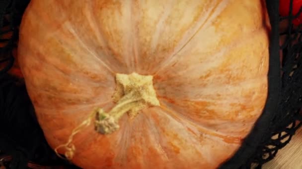 Herfst Groenten Houten Ondergrond Pompoenen Maïs Bovenaanzicht Halloween Thanksgiving Feest — Stockvideo