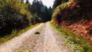 Bisikletçilerin çakıllı dağ yolunda bisiklet sürdüğü yerden aksiyon sahnesi. Bisikletli çakıl maceraları. Aktif yaşam tarzı. Motosikletli birinin çakıllı yolda bisiklet sürüşü. Dikey video
