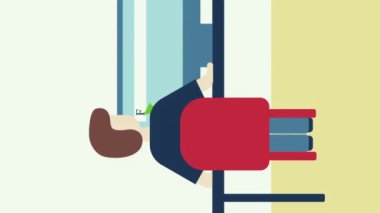 Çizgi filmdeki adamın bilgisayarın yanında oturup internette iş aradığı animasyon. Düz animasyon. Vektör İllüstrasyonu. İş bulma konsepti. Dikey video