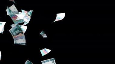 Para yağmuru. İsveç Krona SEK kağıt para faturaları düşüyor. İsveç para banknotları düşüyor. Ekonomi ve finans kavramı. Başarı ve bankacılık. Alfa kanalı. 3 boyutlu görüntüleme. Animasyon. Dikey video