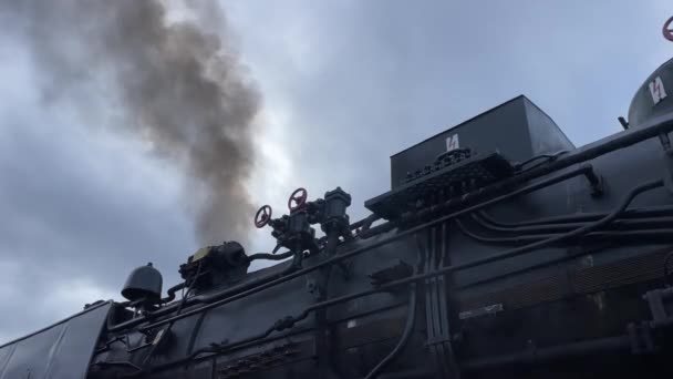 鉄道駅で蒸気機関車を運転する レトロ スチーム トレイン メカニズム クローズアップ オールド ブラック スチーム トレイン — ストック動画