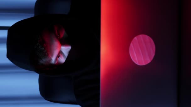 Close Male Hacker Looking Laptop Screen Sitting Dark Room Man — Stock Video