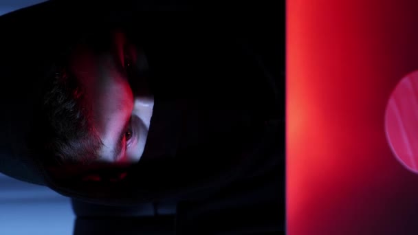 Close Male Hacker Looking Laptop Screen Sitting Dark Room Man — Stock Video