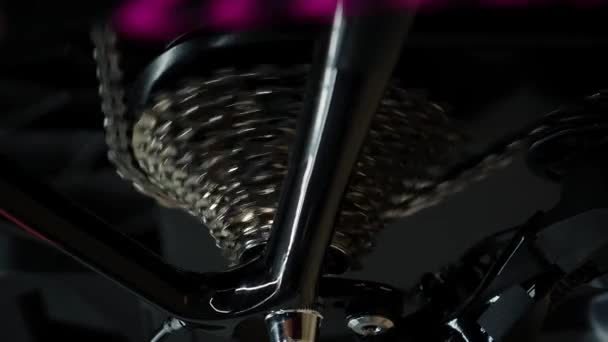 Cassete Bicicleta Traseira Girando Com Corrente Mudança Engrenagem Sistema Engrenagens — Vídeo de Stock