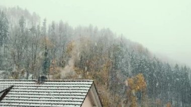 Evlere, çatılara ve çam ağaçlarına kar yağıyor. Ormandaki ilk kar taneleri. Kış doğa manzarası