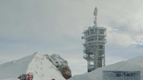 Mountain Titlis Summit Covered Snow High Meteo Weather Tower Rocky — Stock Video