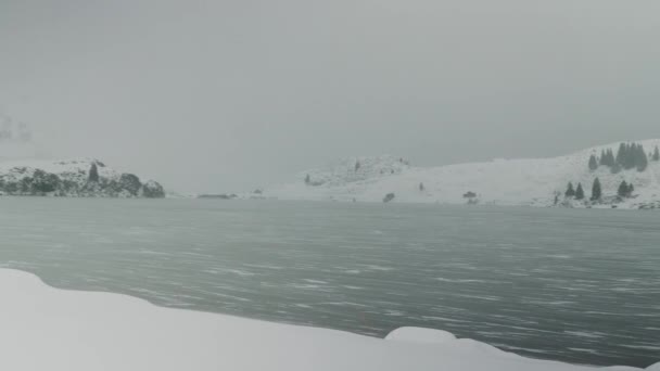 Windy Snowy Weather Truebsee Lake Engelberg Switzerland Ski Resort Swiss — Stock Video