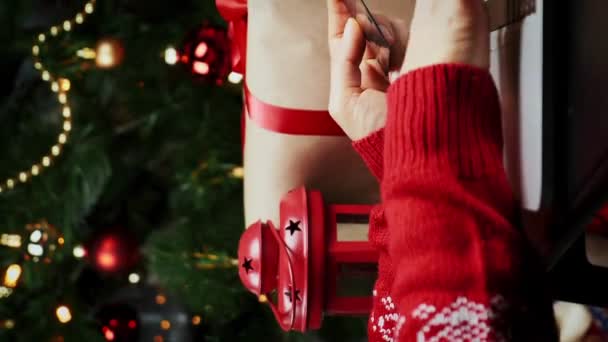 赤いクリスマスセーターの女性は 手でバンクカードでラップトップをタップしてスクロールし 飾られたクリスマスツリーの近くに座っているクリスマスイブにXmasギフトを選択します お祝いする気分 バーティカルビデオ — ストック動画