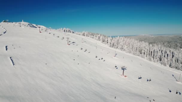 ドイツ シュワルツァルトのフェルドベルクスキーリゾートでの冬のスポーツ活動 冬の晴れた日にスキー場でスキーやスノーボードを降りる人々 冬の観光に関するコンセプト スキー場と丘 — ストック動画