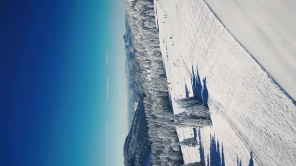滑雪胜地Feldberg Schwarzwald 德国在冬季阳光充足的日子 垂直录像 滑雪斜坡和滑雪电梯在滑雪胜地 活跃的人们冬天在斜坡和山丘上滑雪和滑雪板 冬季运动 — 图库视频影像