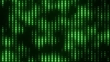 Yeşil soyut nokta pikseli animasyonu. Döngüsel animasyon. Soyut pikselleştirilmiş koyu arkaplanda yanıp sönen yeşil ışıklar, döngülü. Siyah arkaplanda parlayan yeşil pikseller