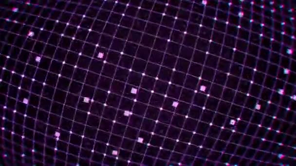 Volando Attraverso Linee Punti Neon Rotanti Luminosi Spettro Viola Blu — Video Stock