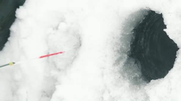 Eisloch Mit Angelrute Aus Nächster Nähe Winterfischen Fischer Fängt Fische — Stockvideo