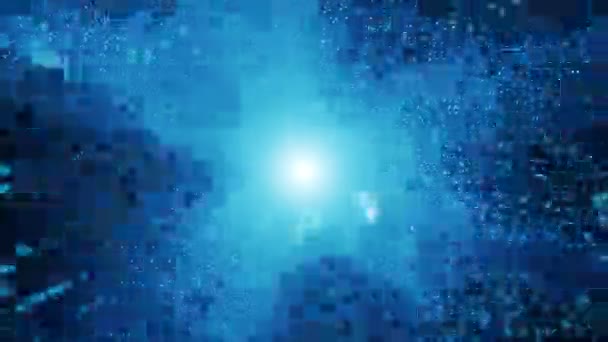 Letí Futuristickými Mrakodrapy Neonově Modrých Světlech Science Fiction Abstraktní Pozadí — Stock video