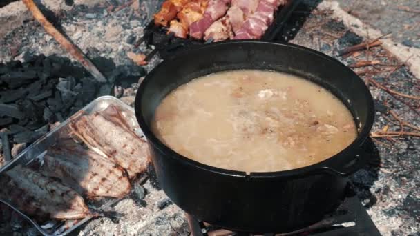 Cauldron Kulish Prepared Fire Bbq Time Picnic Time Meat Fish — Stock Video