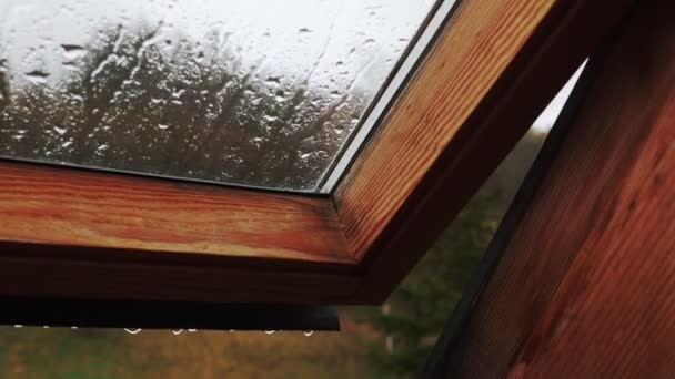 Человек Открывает Окно Падают Капли Дождя Дождливая Ветреная Погода Снаружи — стоковое видео