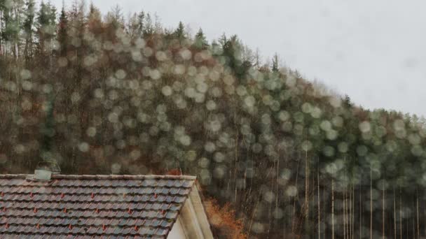 Дождь Выпадает Стеклянное Окно Лесом Домом Заднем Плане Капли Дождя — стоковое видео