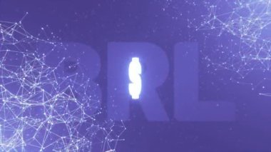 Hareketli çizgiler ve BRL para birimi sembollerinden oluşan renkli bir pleksus. Dönen parlak neon Brezilya İşareti. Brezilya Gerçek para birimi pleksus arka planı, pürüzsüz