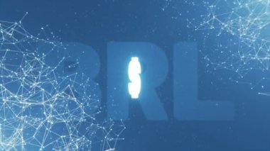 BRL para birimi işaretleri ve pleksus çizgilerinin dönen sembolü ile soyut üç boyutlu animasyon arkaplanı. Brezilya Gerçek Para Birimi Sembolleri, düğümsüz