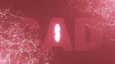 Parlak neon dönen CAD para birimi sembolü. Soyut fütüristik pleksus arka planında Kanada Doları işaretleri. Hareket eden CAD para birimi simgelerine sahip gelecekçi pleksus