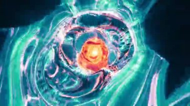 Fütürist tünelin içinde parlayan ışıklar. Yolculuk tüneli. Neon ışıklı soyut animasyon arkaplan. Üç boyutlu kusursuz döngülü animasyon. Hareket grafikleri